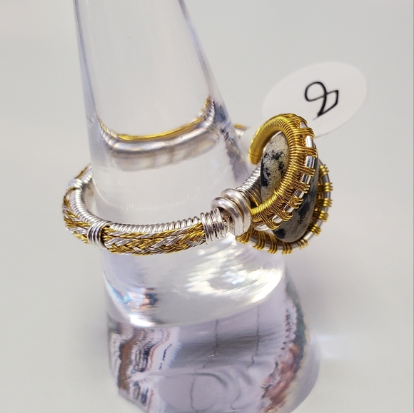 "Silver spots" dalmatian jasper handmade wire wrap ring size 8 - Picture 4 of 7